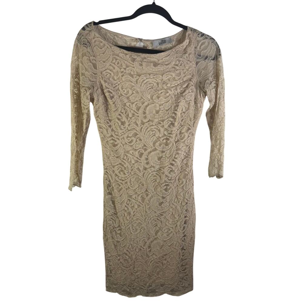 Belle Badgley Mischka Beige Lace Sheath Dress 3/4 Sleeve Open Back no Size tag
